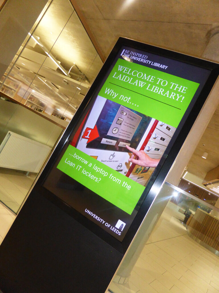 digital signage portrait screen in laidlaw library