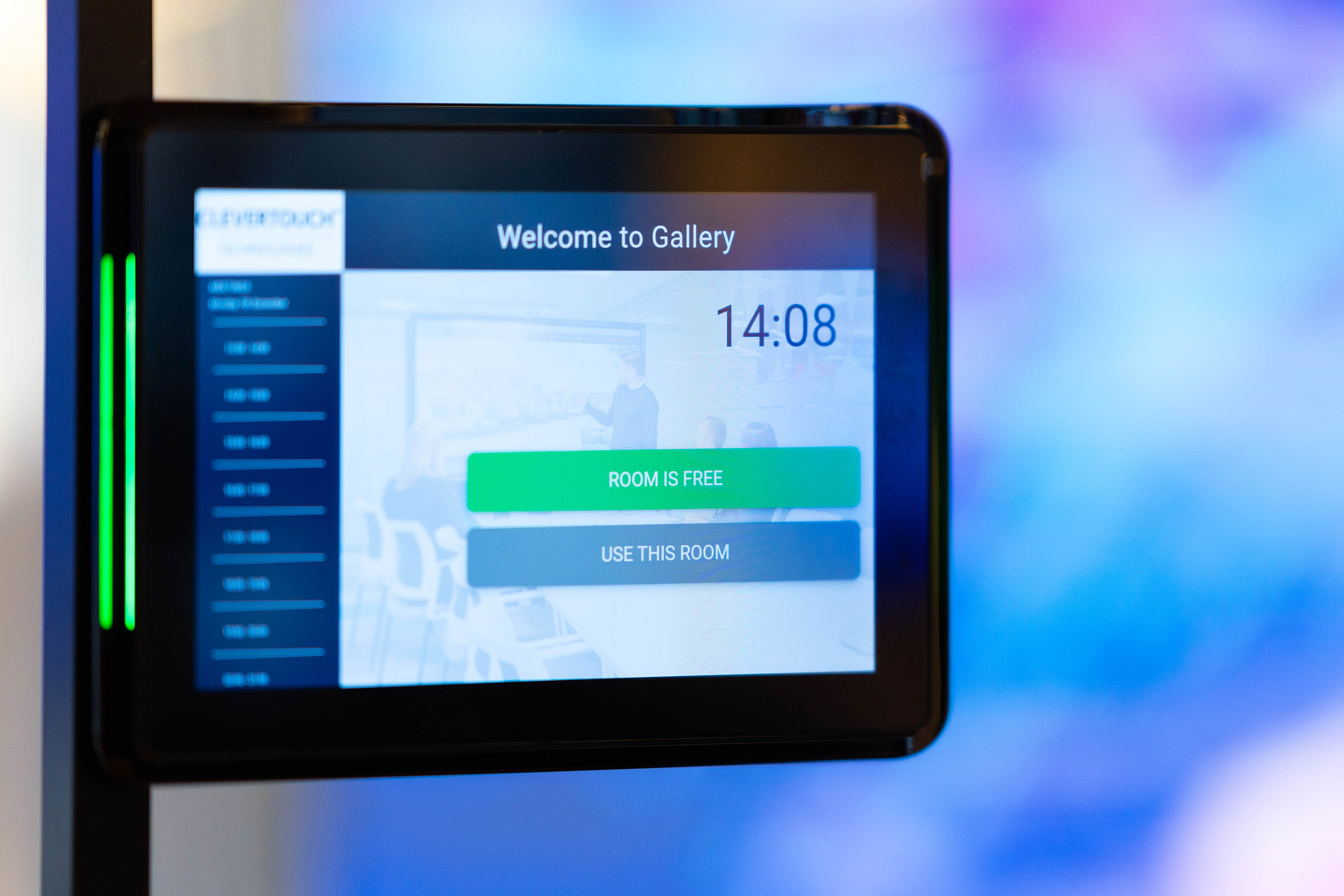 close up image of a clevertouch room booking system console
